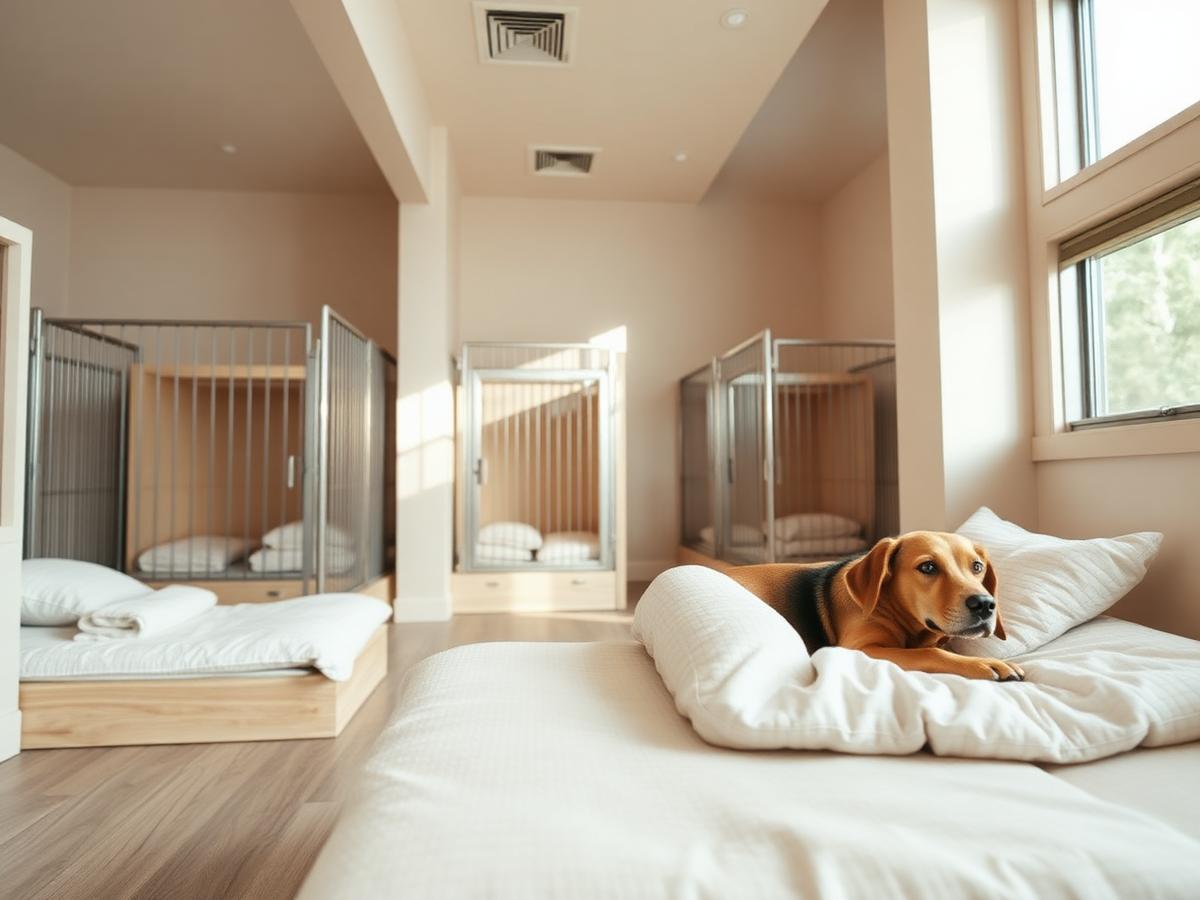 Comfortable boarding room with soft bedding and a resting dog