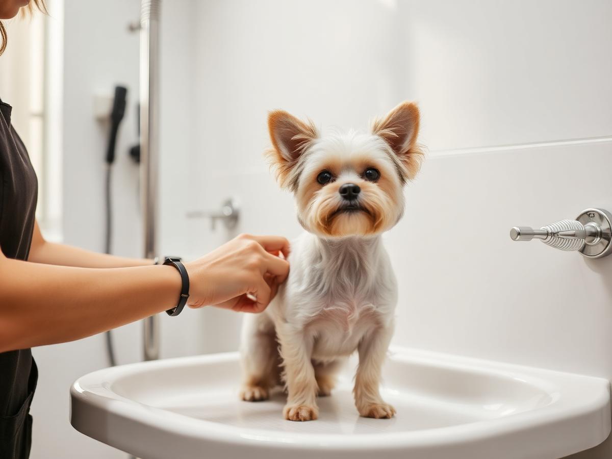 Small dog being bathed and brushed at the Rosewood grooming station